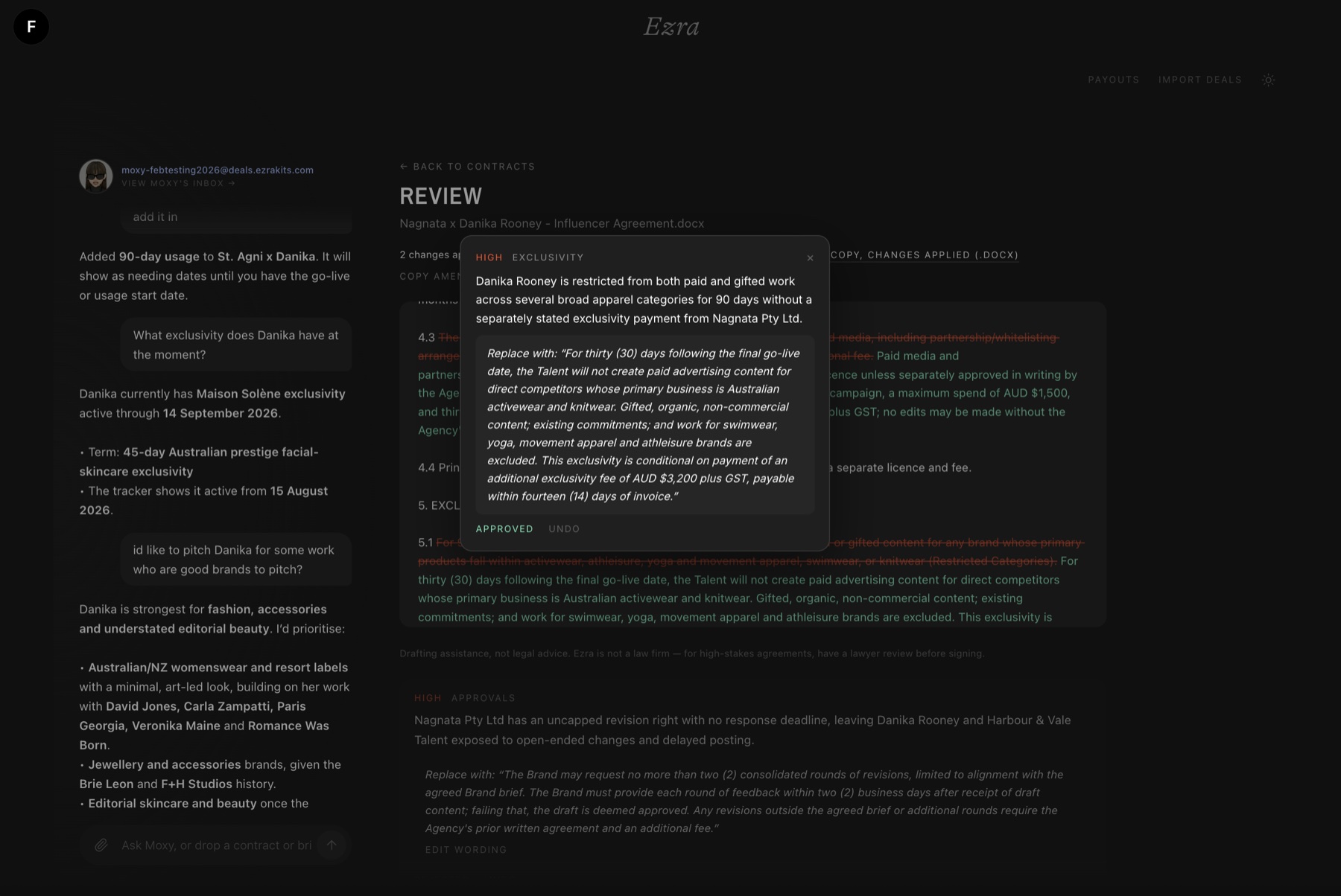 Contract review with a clause struck through and replacement wording approved