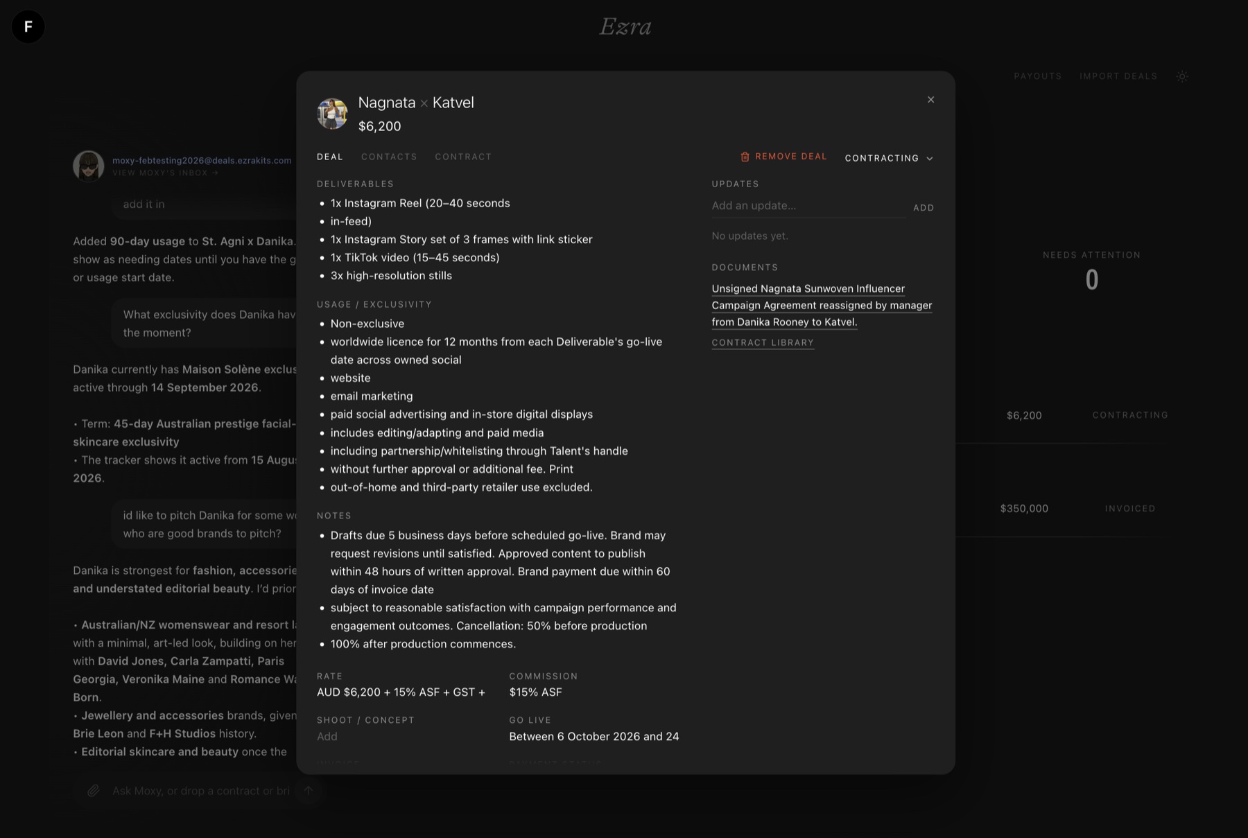A deal showing deliverables, usage and exclusivity, notes, rate and go-live date