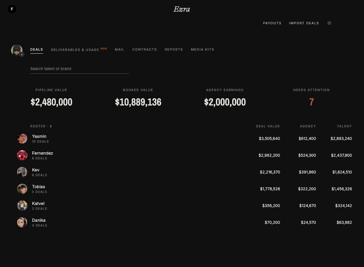 Deals overview showing pipeline value, booked value, earnings and a needs-attention count