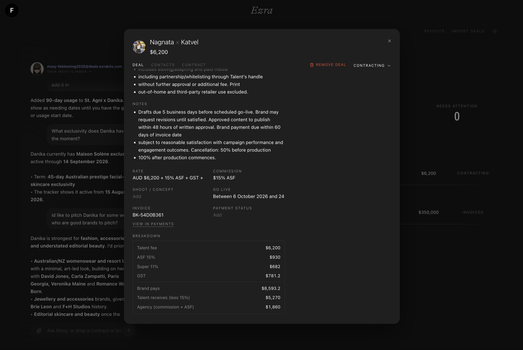A deal room with deliverables, usage and exclusivity, notes, rate and go-live