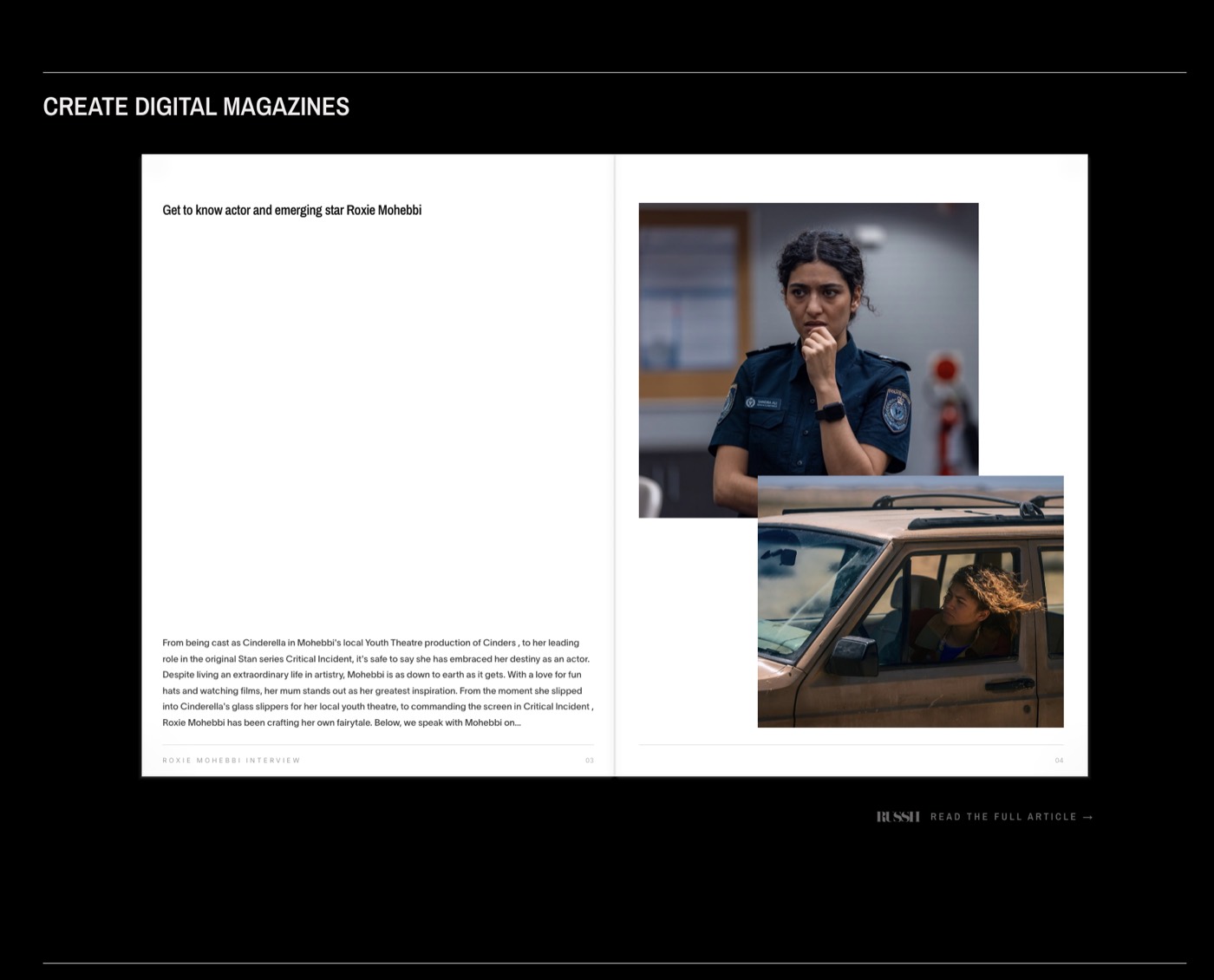 Press features and articles displayed in an editorial Ezra media kit